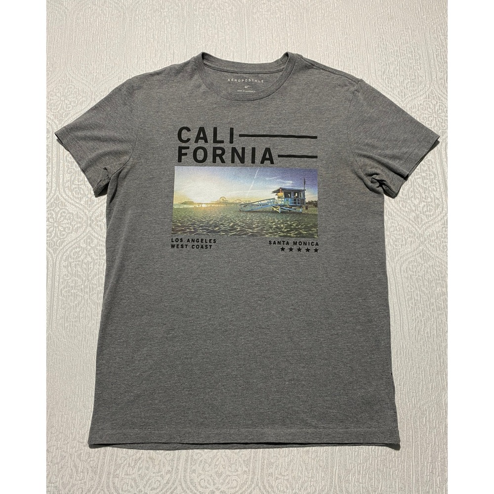 Aeropostale Mens California Santa Monica Beach Graphic T-Shirt Gray Medium